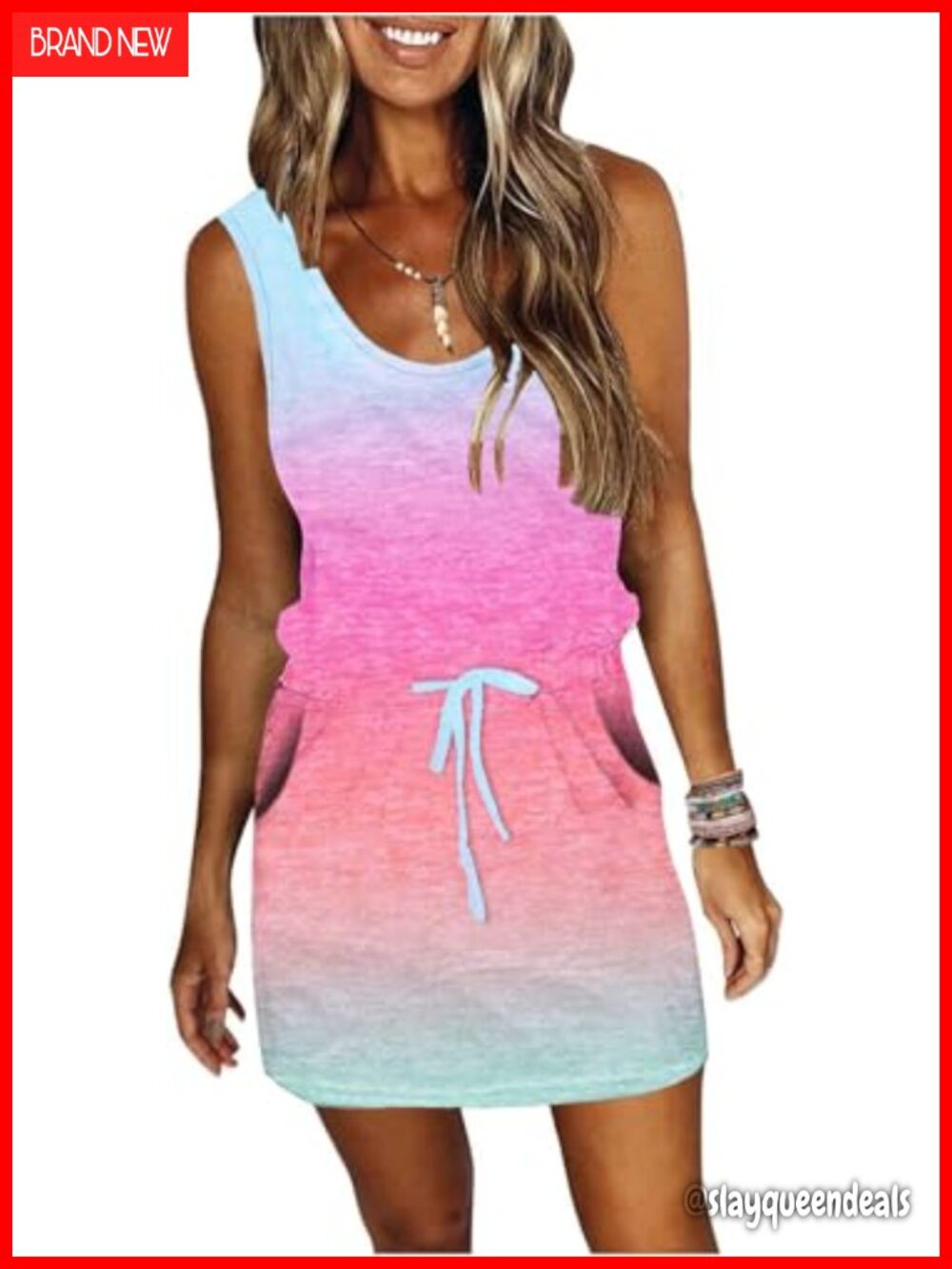 Women's Striped Sleeveless Mini Dress Drawstring Waist Pockets Summer Sundress